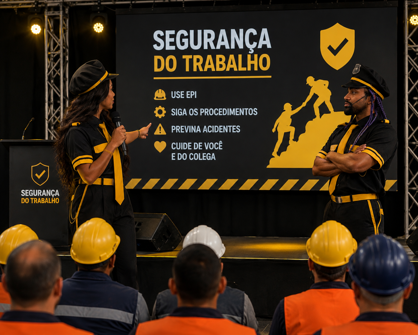 Teatro corporativo de segurança do trabalho: atores em cena na SIPAT com telão de EPIs e prevenção de acidentes