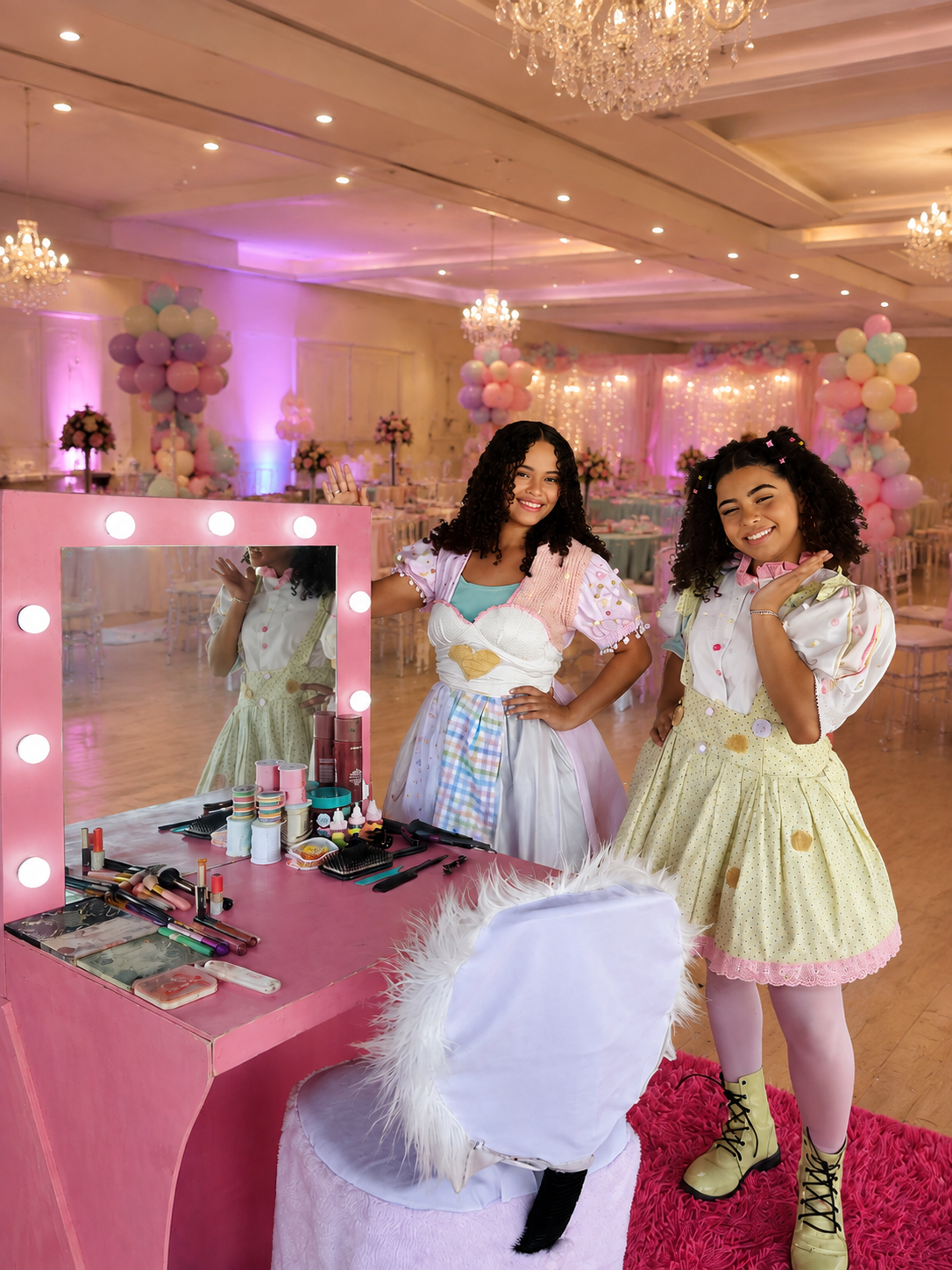 Personagens vivas no camarim de maquiagem da festa infantil em Itumbiara