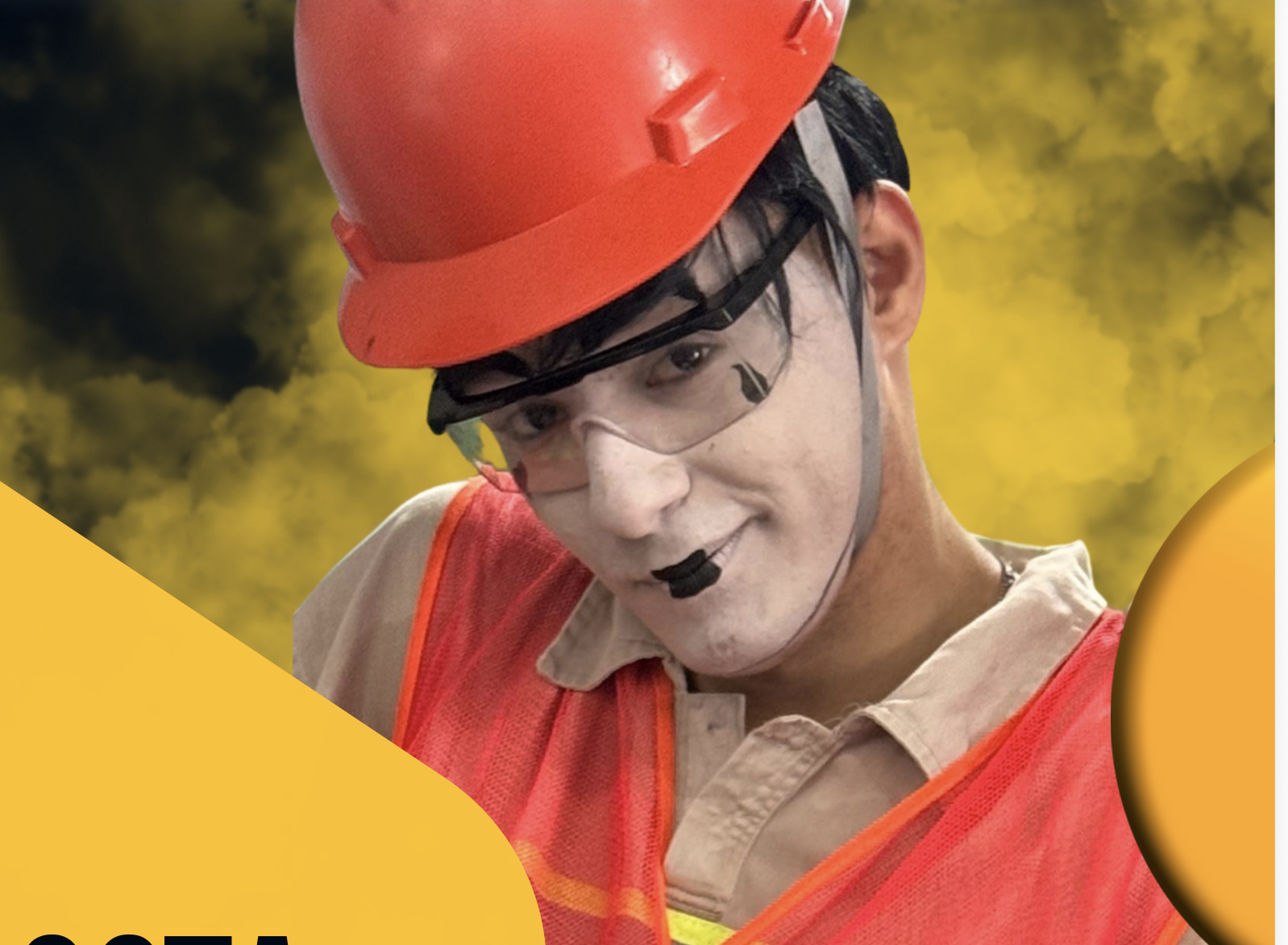 Teatro corporativo de segurança do trabalho — Personagem com EPIs: capacete, óculos de proteção e colete